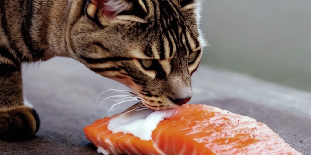 Cat eats raw salmon